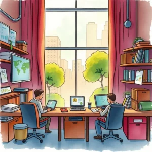 A modern office scene featuring two professionals working on laptops at a desk with a city view.