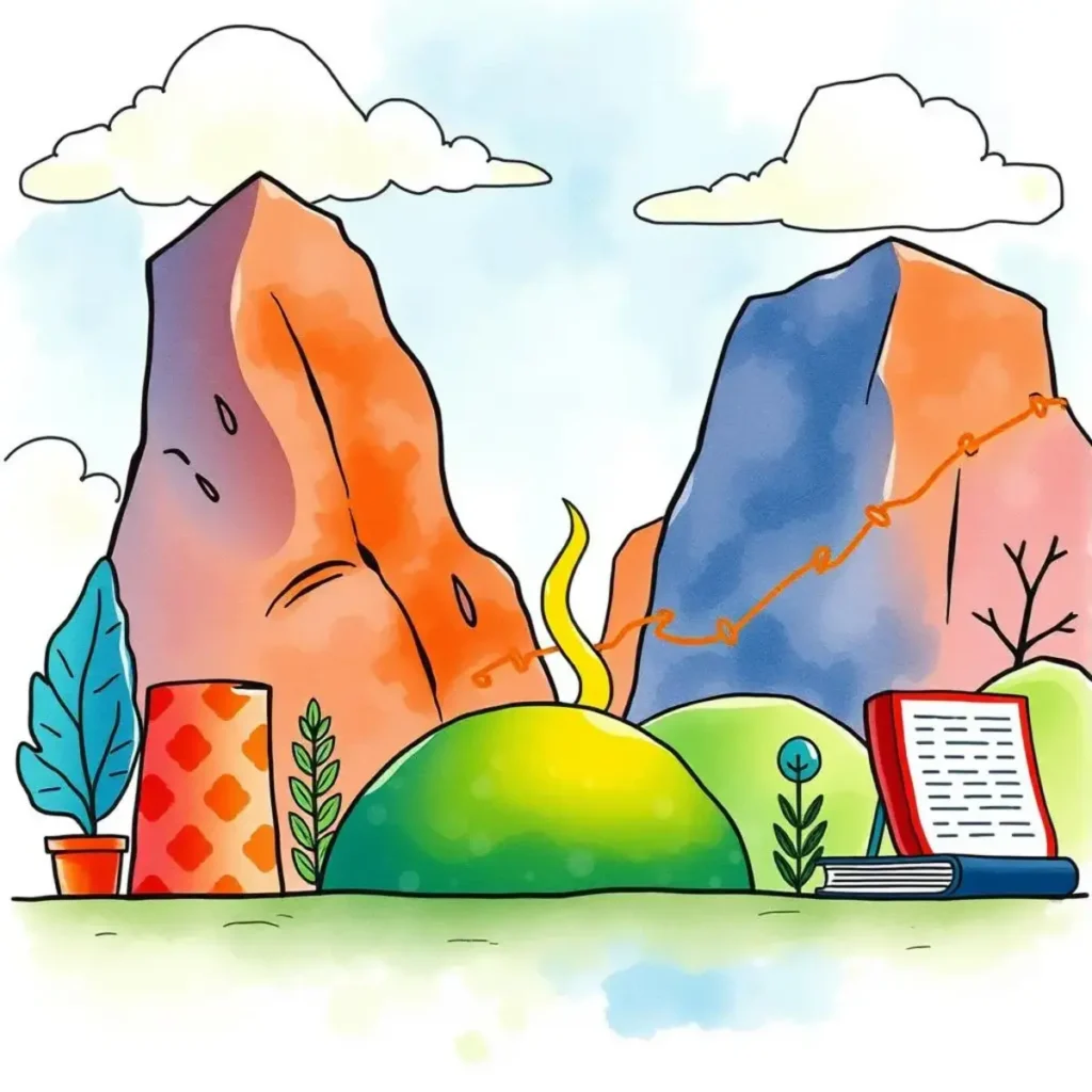 Text query formatter: Convert raw text into structured queries for insights 1 A vibrant illustration featuring mountains, plants, and a book symbolizing strategic insights and data analysis