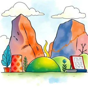 A vibrant illustration featuring mountains, plants, and a book symbolizing strategic insights and data analysis
