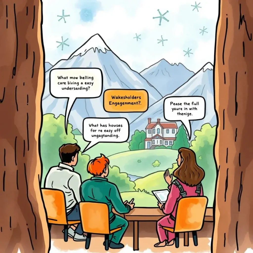 Text simplifier for clarity: Rephrase messages for easy understanding 1 Three professionals discussing stakeholder engagement against a mountain backdrop.