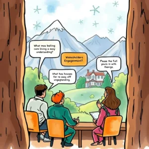 Three professionals discussing stakeholder engagement against a mountain backdrop.