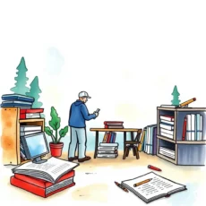 Person reviewing documents in a library setting for quality control.