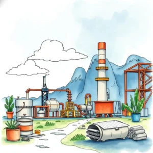 Industrial scene illustrating process engineering and cost analysis tools.