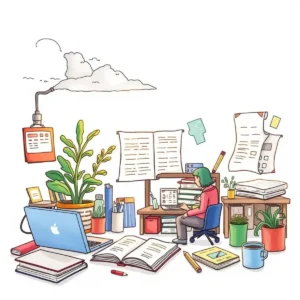 Person organizing technical documents and data in a workspace setting.