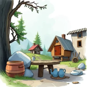 A serene rural scene featuring wooden houses, a stone table, and surrounding greenery