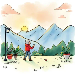 A person in a red jacket admires a scenic sunset over mountains while surrounded by potted plants.