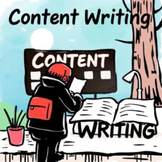 Illustration of a person planning content near a tree and books.
