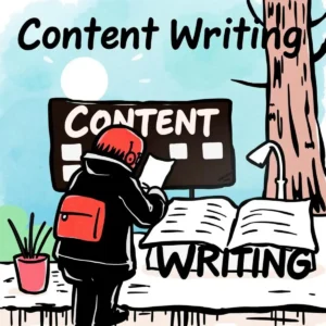 Theme-based content planner: Align themes with your marketing goals 1 Illustration of a person planning content near a tree and books.