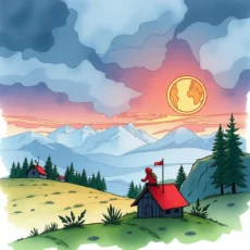 A scenic landscape with a character on a cabin, symbolizing exploration and analysis in threat assessment.