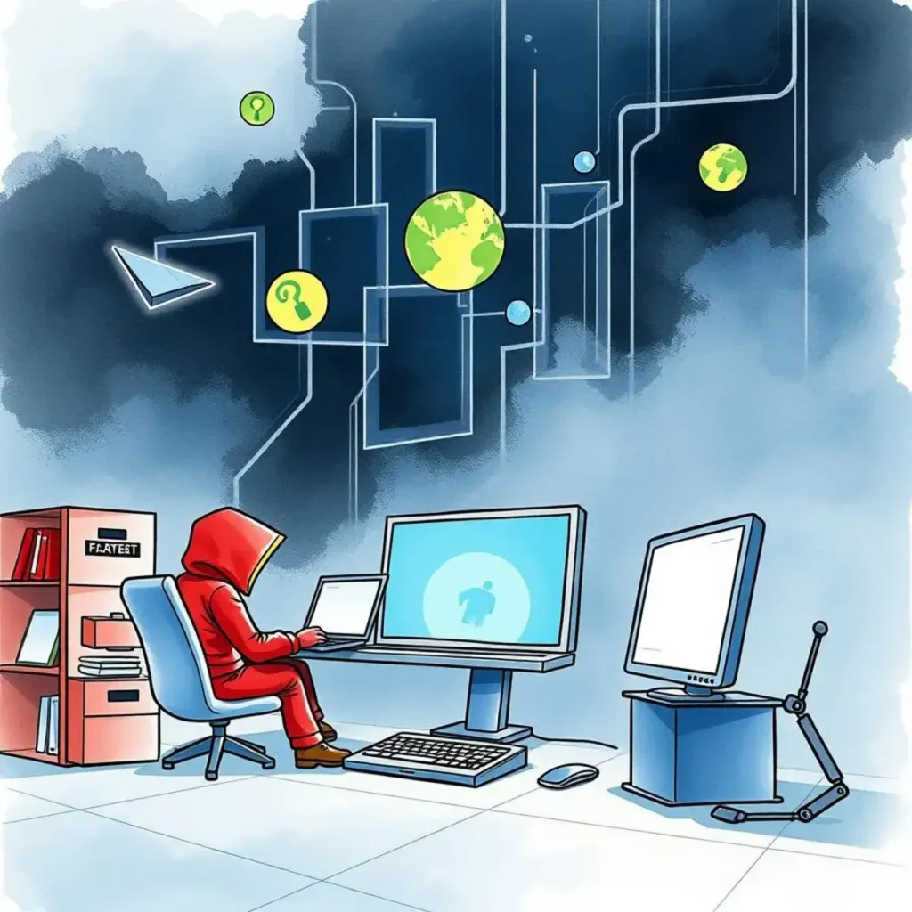 Attack pattern identifier: Recognize patterns in previous cyber incidents 1 A cybersecurity analyst in a red hoodie uses multiple devices to identify cyber attack patterns in a dark office environment