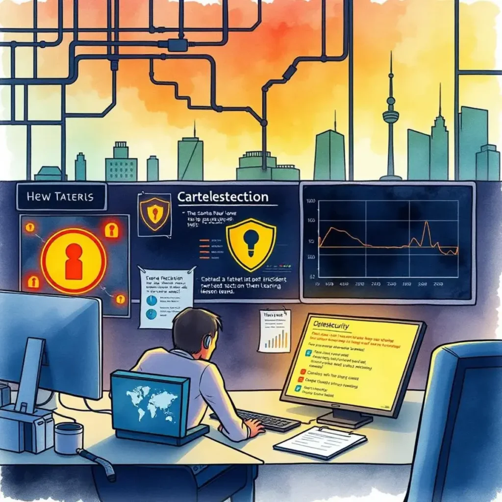 Post-incident insights generator: Create summaries of incident outcomes and lessons learned 1 User analyzing cybersecurity incident data on multiple screens.