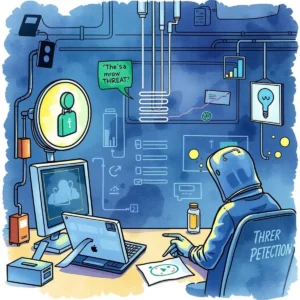 "Cybersecurity analyst working on a threat analysis report in a tech-oriented environment."