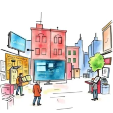 A vibrant illustration depicting a team engaged in threat modeling using the Threat Impact Evaluator tool.