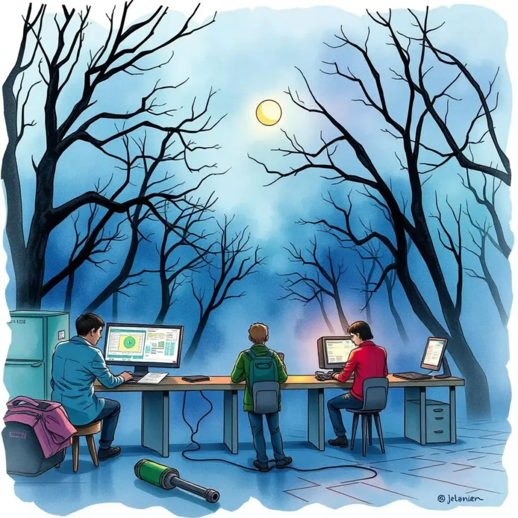 Threat narrative formatter: Create coherent narratives from findings 1 Three analysts working on computers in a misty forest setting.