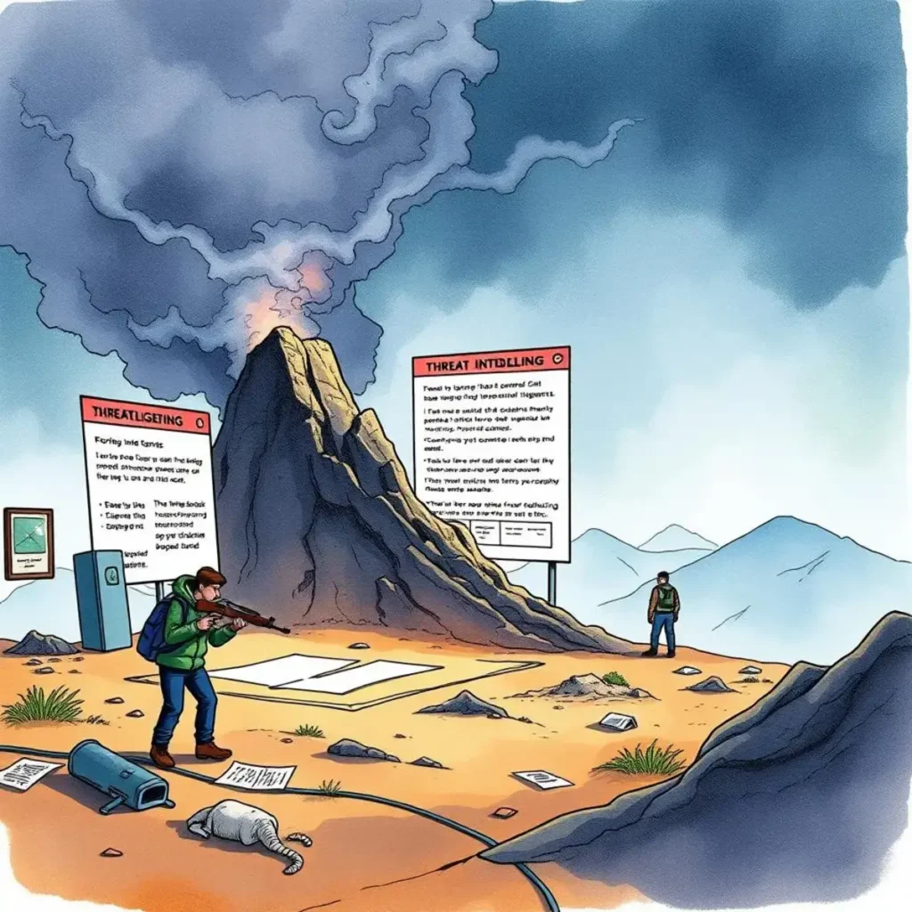 Threat scenario simulator: Create hypothetical scenario assessments 1 A person in survival gear evaluates a threat scenario near an erupting volcano and strategic assessment notes.