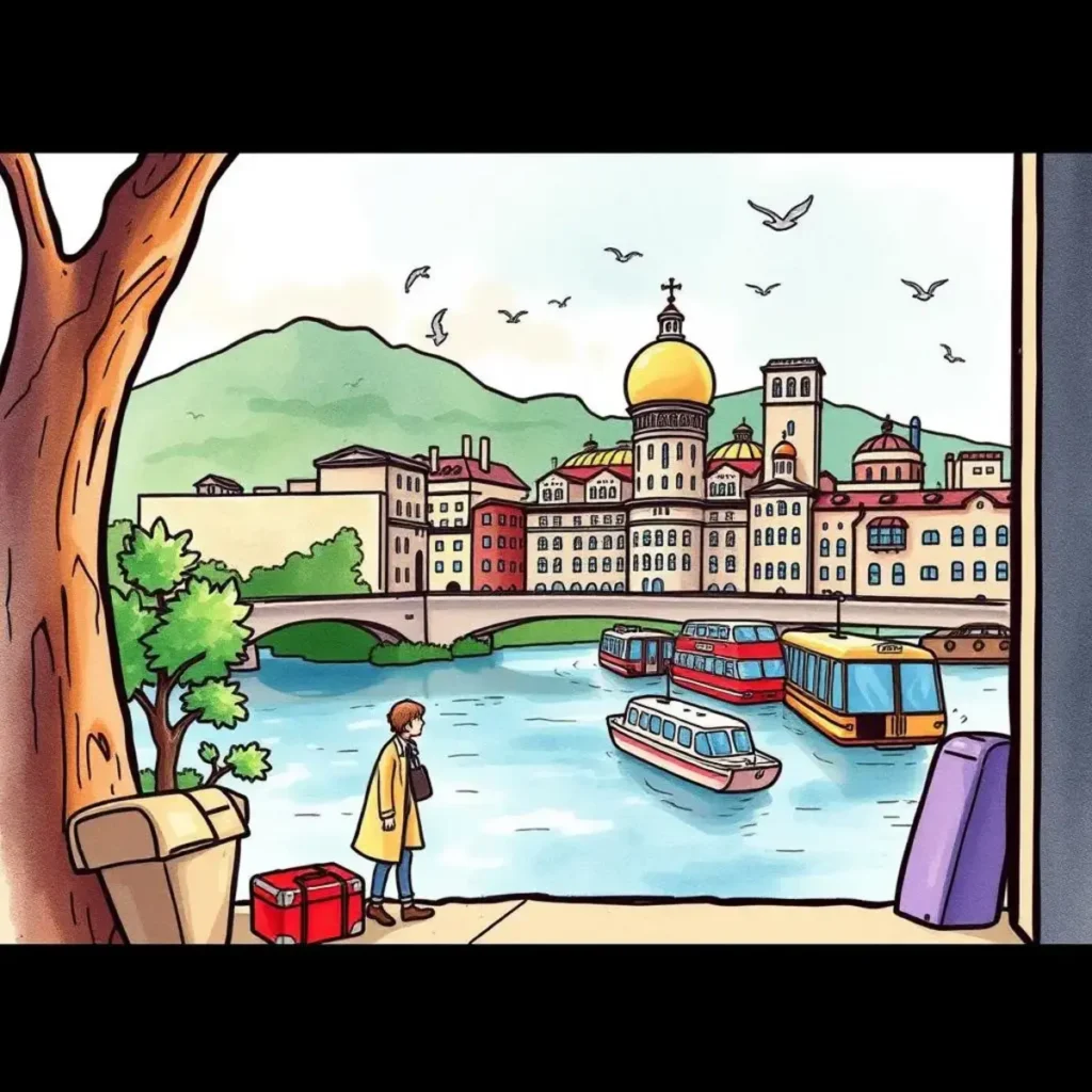 Ticket pricing overview: Summarize cost details for transport choices 1 A picturesque riverside scene depicting a traveler with luggage near boats and a vibrant city backdrop.