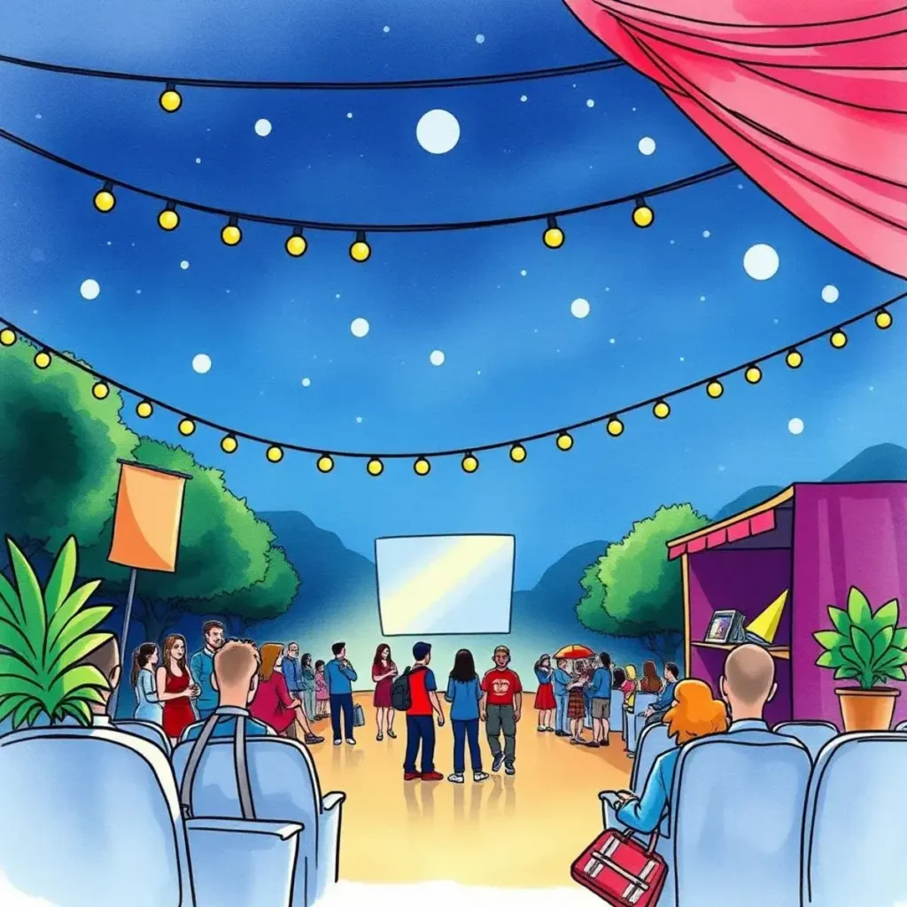 Ticketing information creator: Generate detailed ticketing info for events 1 A lively outdoor event with people, decorations, and a projector screen.