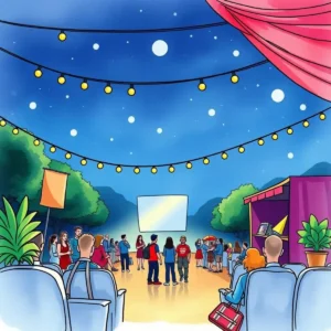 A lively outdoor event with people, decorations, and a projector screen.