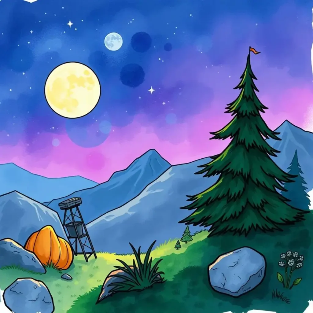 A serene night scene featuring a bright moon, mountains, and a tree, symbolizing growth and support.