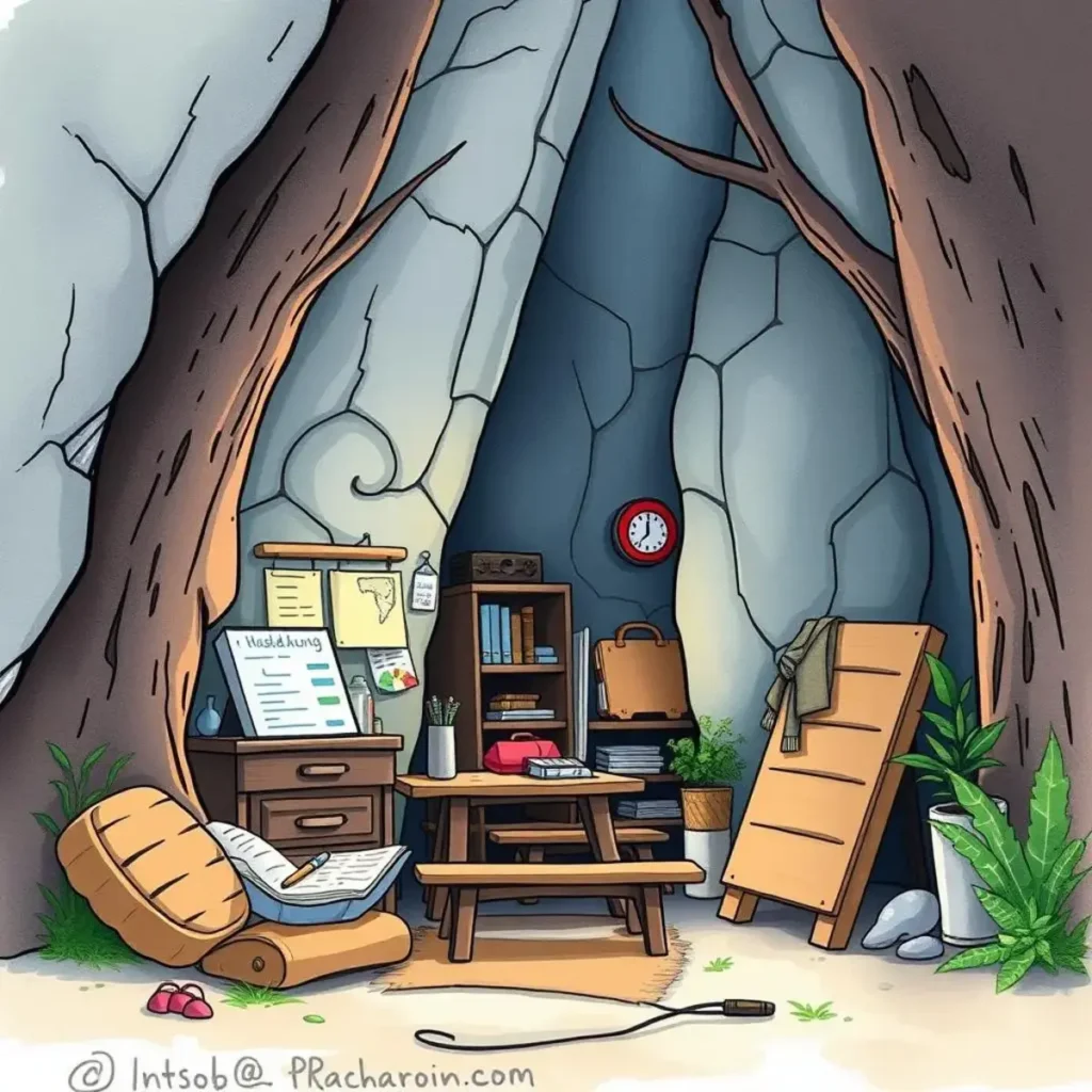 Cozy workspace in a cave featuring a desk, clock, and resources for effective time allocation