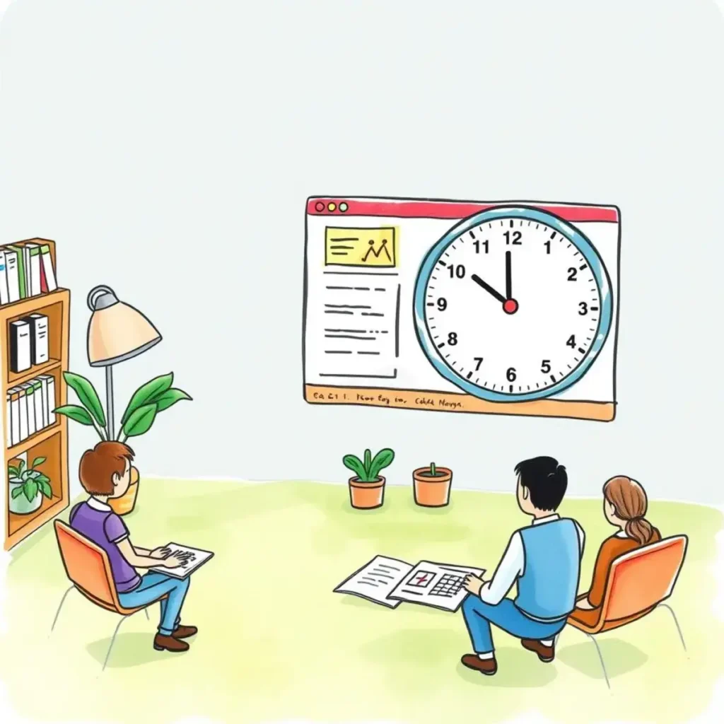 A team reviews attendance data compliance on a screen with a clock in an HR office setting.