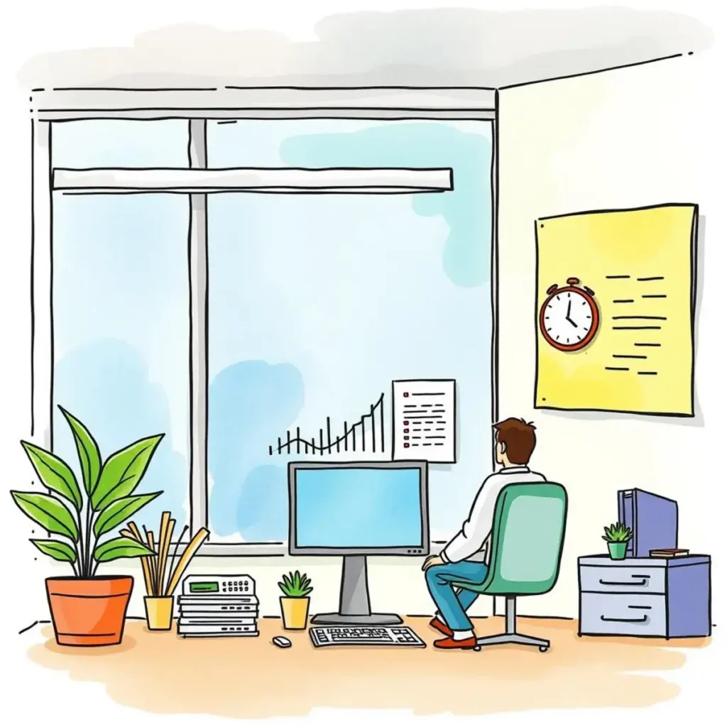 Employee hours reporter: Generate reports on employee hours worked 1 Employee analyzing time reports in a bright office setting.