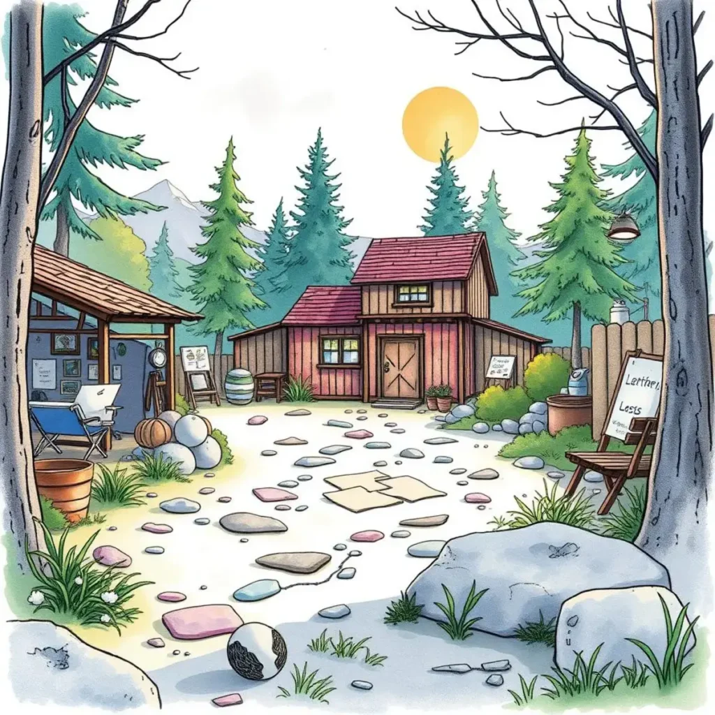 Timeline tracker for content: Create and monitor deadlines for content projects 1 A serene outdoor scene featuring a rustic workspace surrounded by trees and stones, ideal for content creation.