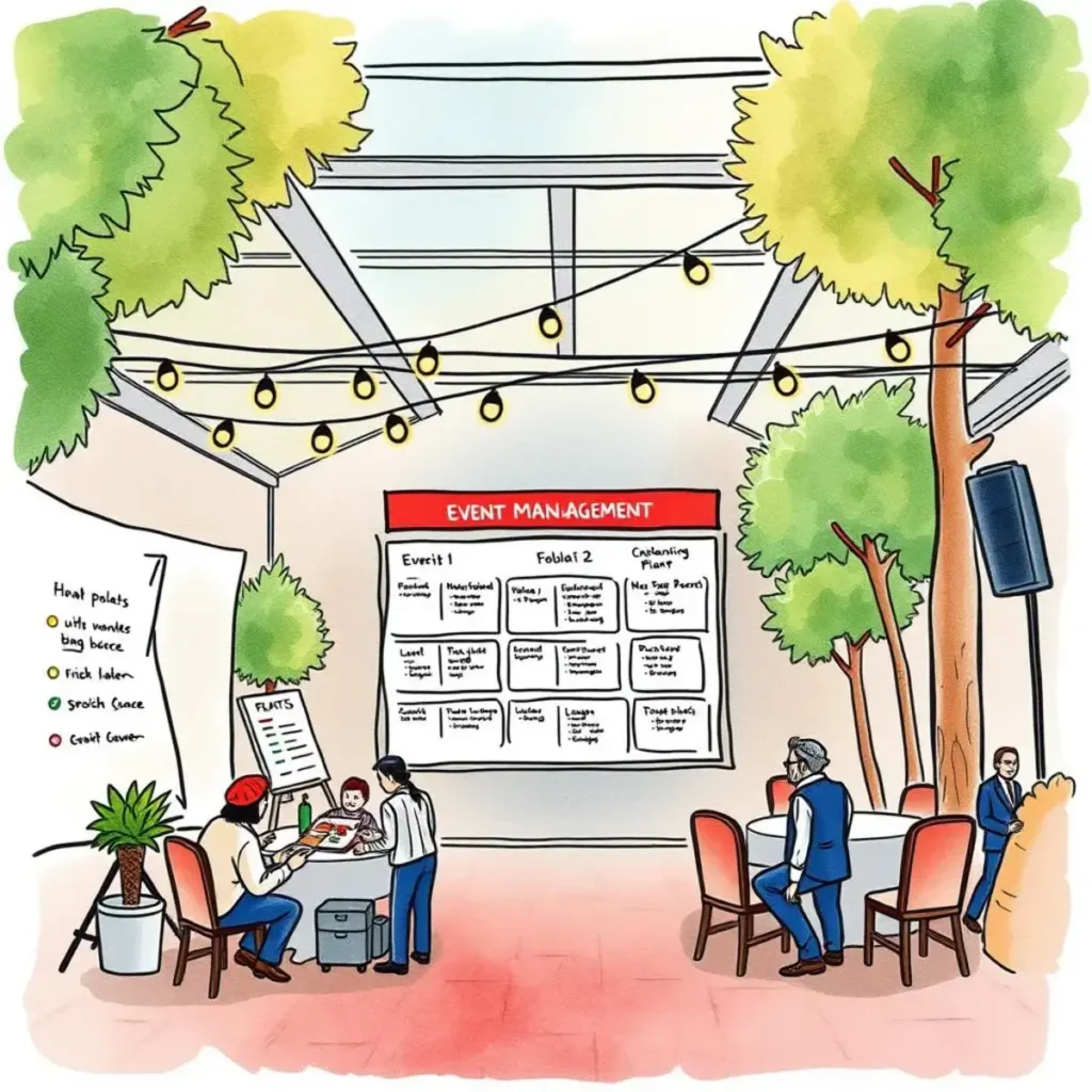 Timeline tracker: Create a chronological plan for event activities 1 A busy event management scene showcasing team coordination and planning for activities in a vibrant setting