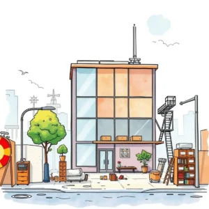 Illustration of a modern building under renovation in a city.
