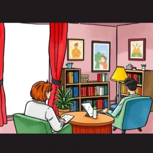 A cozy workspace featuring two individuals discussing a tone adjuster tool for content editing