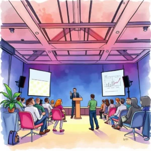 Sales professional presenting engaging pitch at trade show event.