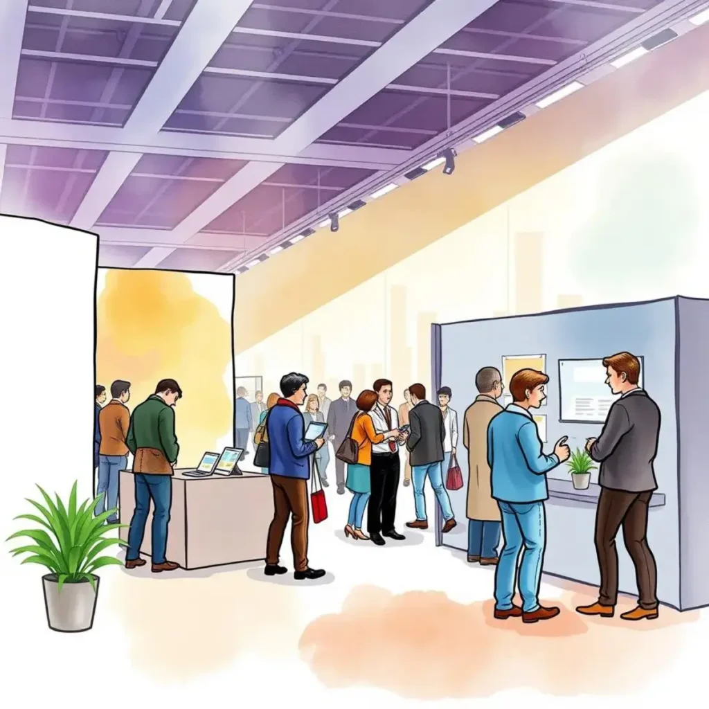 Budget adjustment assistant: Recommend adjustments based on event outcomes 1 A busy trade show scene with professionals engaging at various booths and displays in a bright venue.