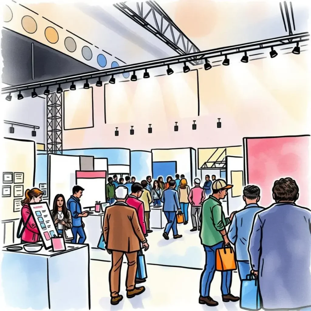 Expense estimator: Calculate estimated costs for event participation 1 Crowd navigating an event space with booths and information displays.