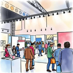 Crowd navigating a trade show, interacting with booths and displays while holding bags