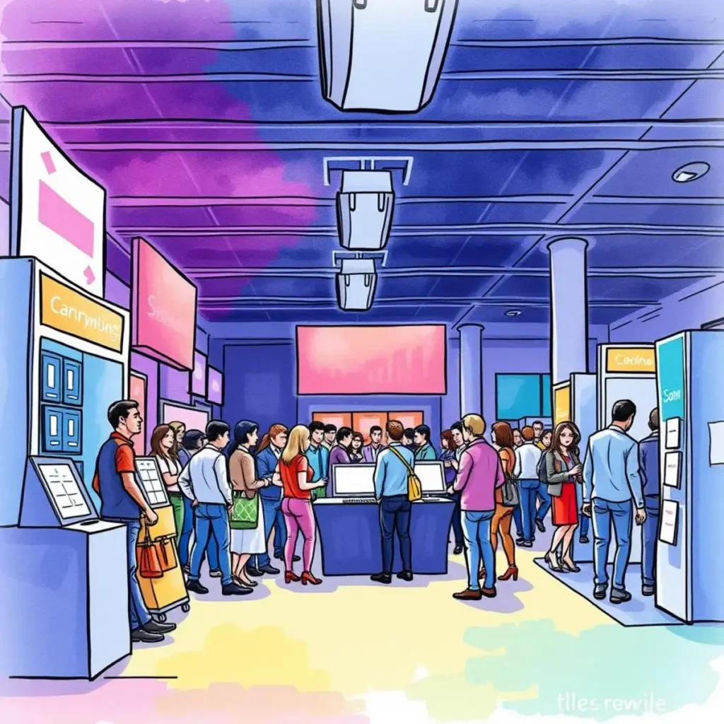Financial allocation advisor: Suggest budget distribution for events 1 Busy trade show scene with attendees engaging at various booths.