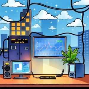 Traffic load evaluator: Assess network traffic load and demands 3 Illustration of a network monitoring setup with data visualizations.