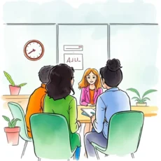 A group discussing feedback with a trainer in a conference room.