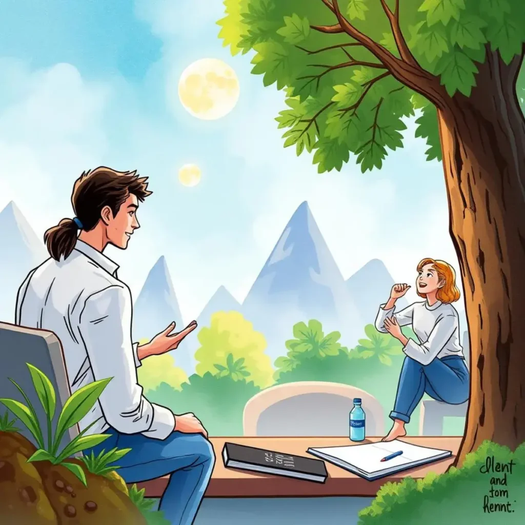 Training content creator: Generate engaging training material quickly 1 Engaged professionals discussing training ideas outdoors in a scenic environment with mountains.