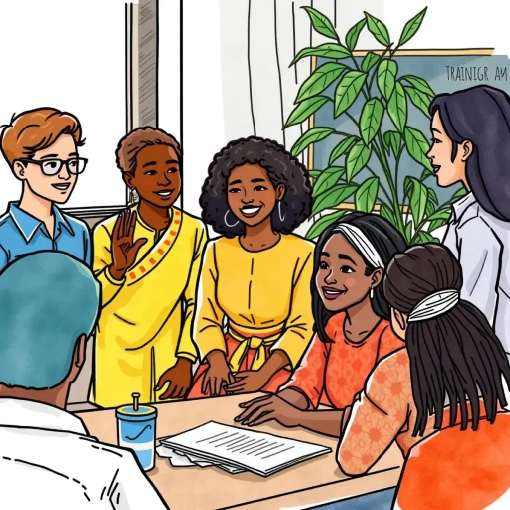 Cultural awareness training builder: Develop training content focused on cultural sensitivity 1 Cultural sensitivity training session with diverse individuals collaborating in a professional setting.