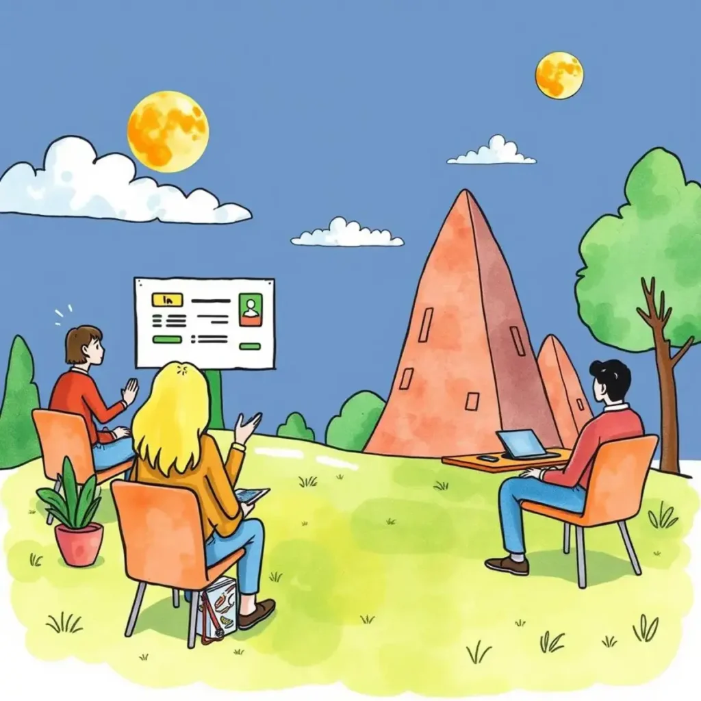 Training feedback mapper: Generate visual routes of feedback for clarity 1 Professionals engaging in training feedback discussion outdoors, with visuals.