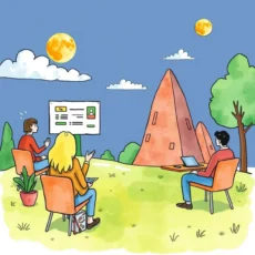 Professionals engaging in training feedback discussion outdoors, with visuals.