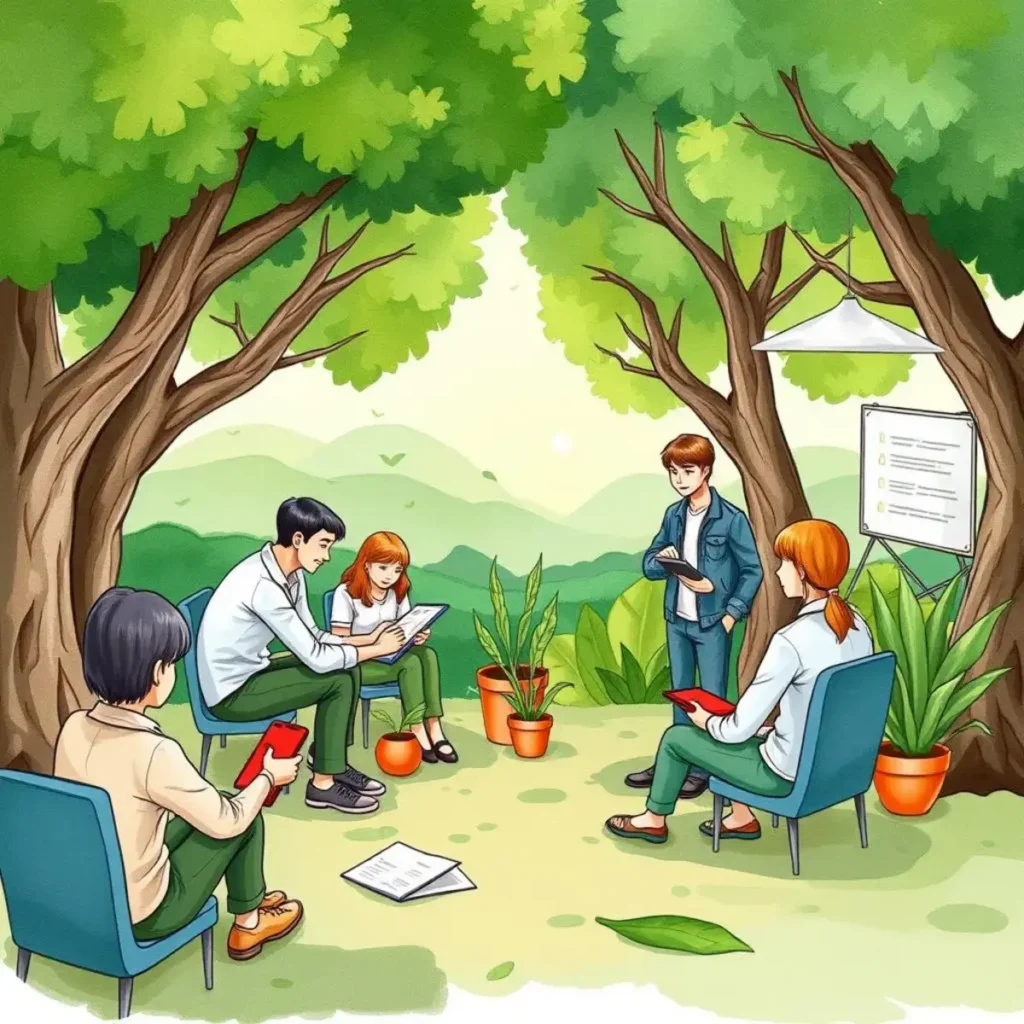 Training feedback synthesizer: Summarize training feedback into actionable insights 1 Team discussing training feedback in a serene outdoor setting.