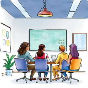 Team analyzing training data and strategies in a meeting room.