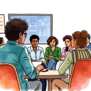 Inclusive training summary generator: Summarize training sessions for diverse audiences 5 Inclusive training session with diverse participants engaged in a discussion around a table