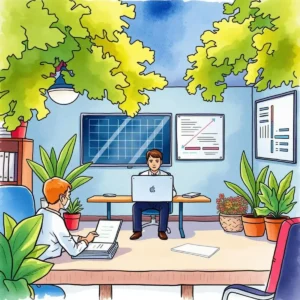 Employees collaborating in a modern office on training needs assessment.