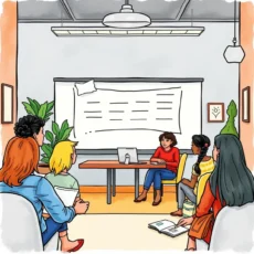 A diverse group participating in a training session in a modern office.