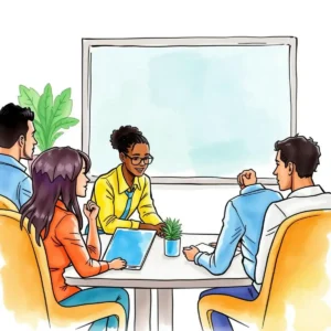 Participants engage in a training evaluation meeting, discussing satisfaction and engagement.