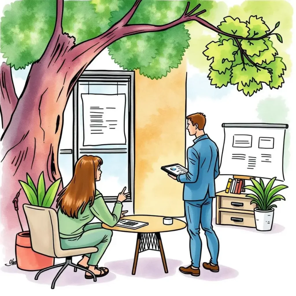 Individual training needs explorer: Discover personalized training opportunities for employees 1 Two professionals discussing training programs in a modern office setting.