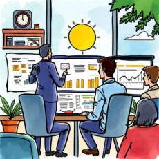 Group analyzing talent development metrics in a modern office setting.