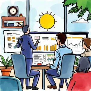 Group analyzing talent development metrics in a modern office setting.